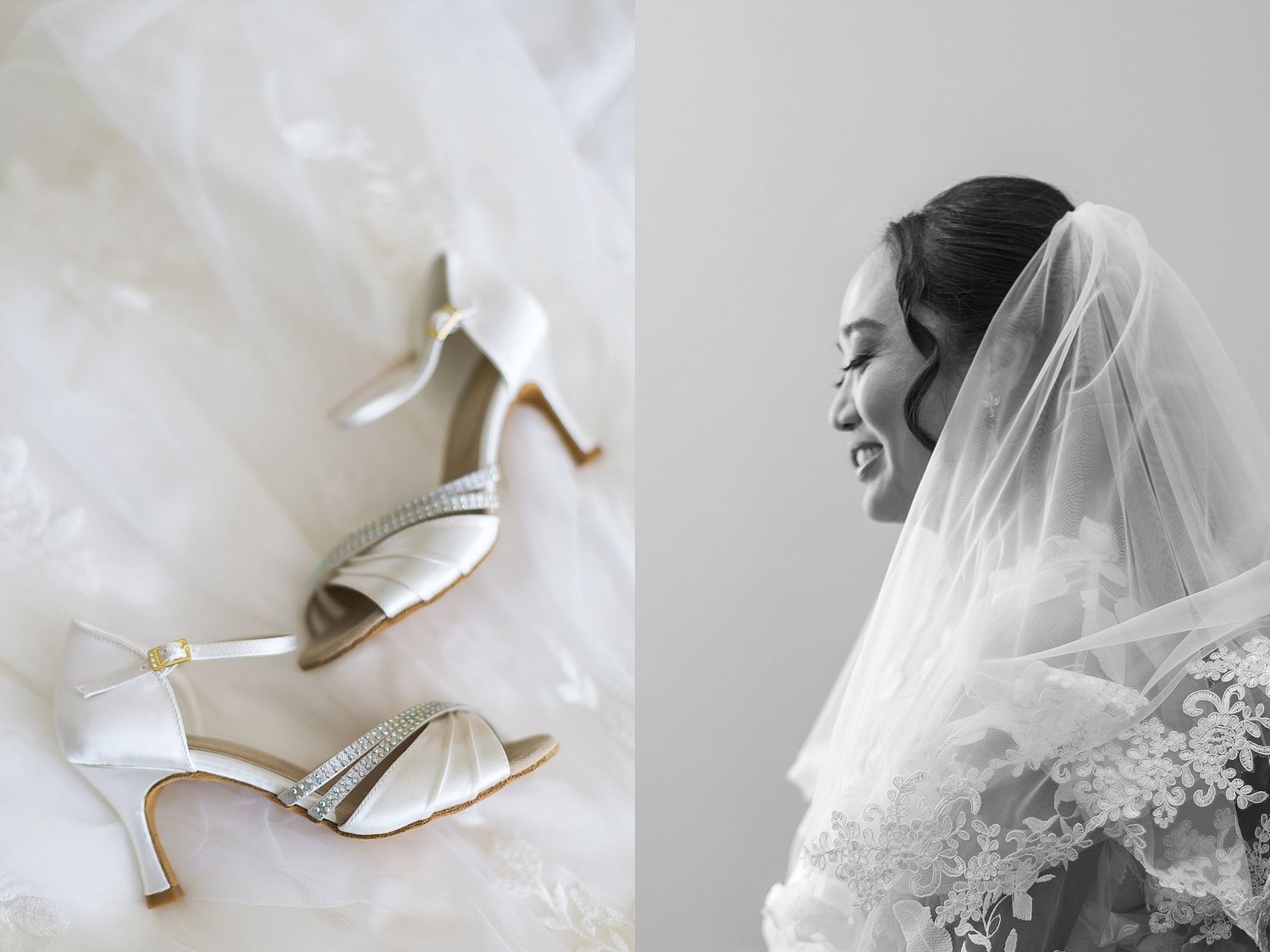 White bridal shoes and delicate lace veil details in elegant wedding styling.