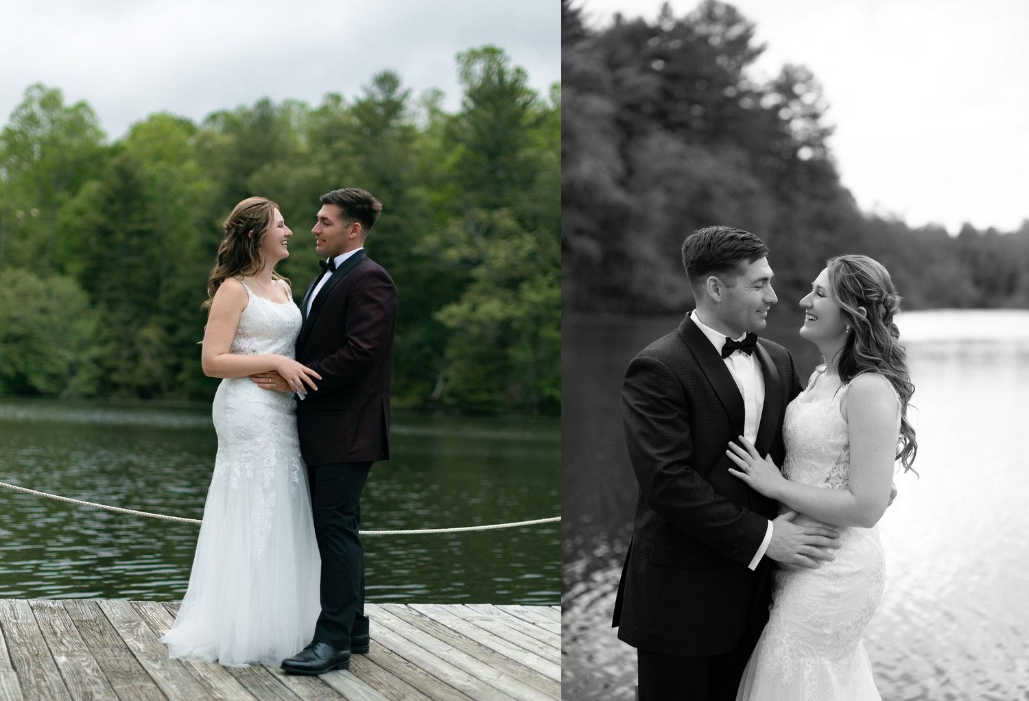 Wedding couple embraces on wooden dock by serene lake during outdoor photo session in color and black and white.