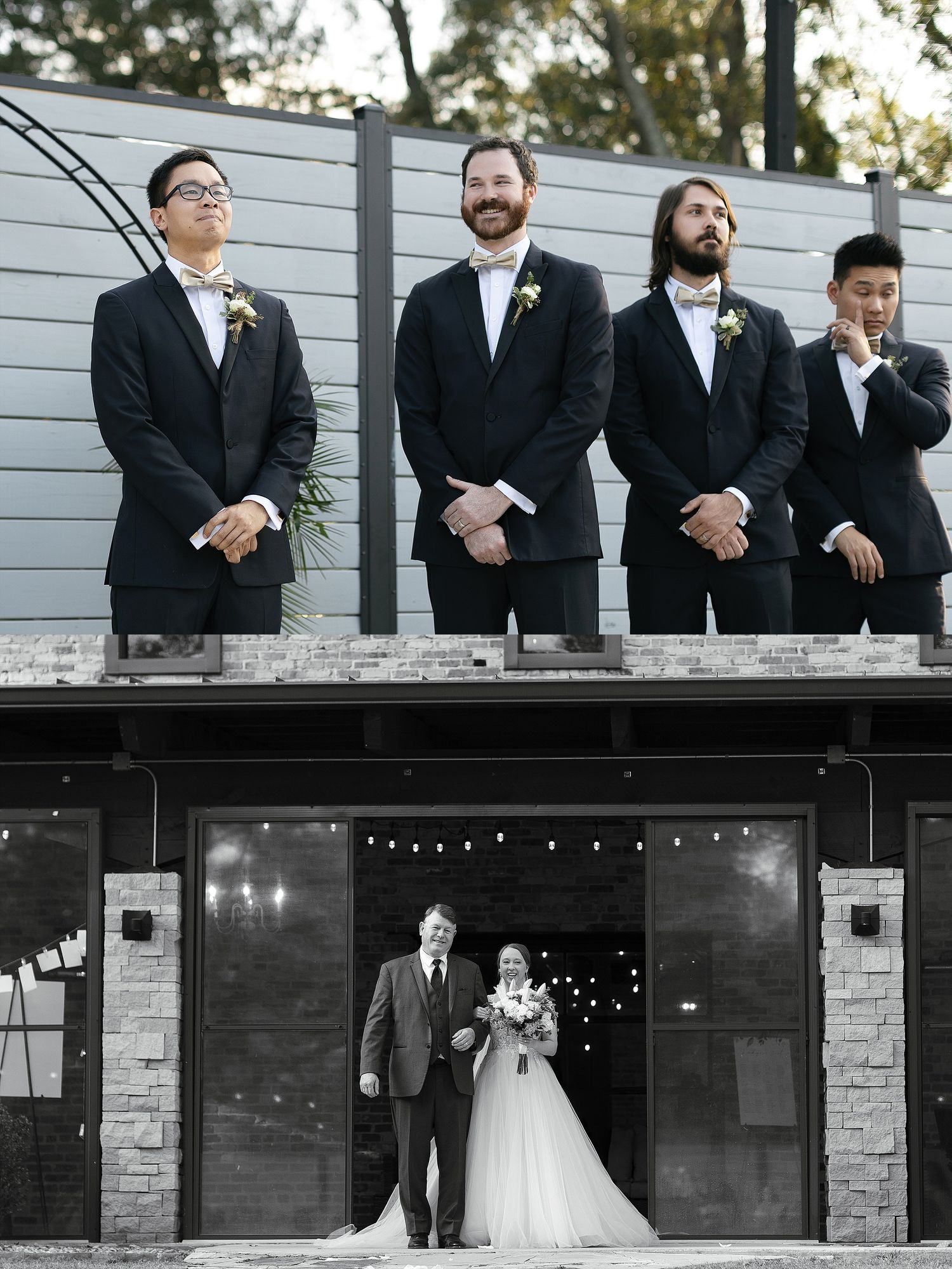 Wedding party poses on rustic balcony with string lights and bride and groom portrait below at modern venue.