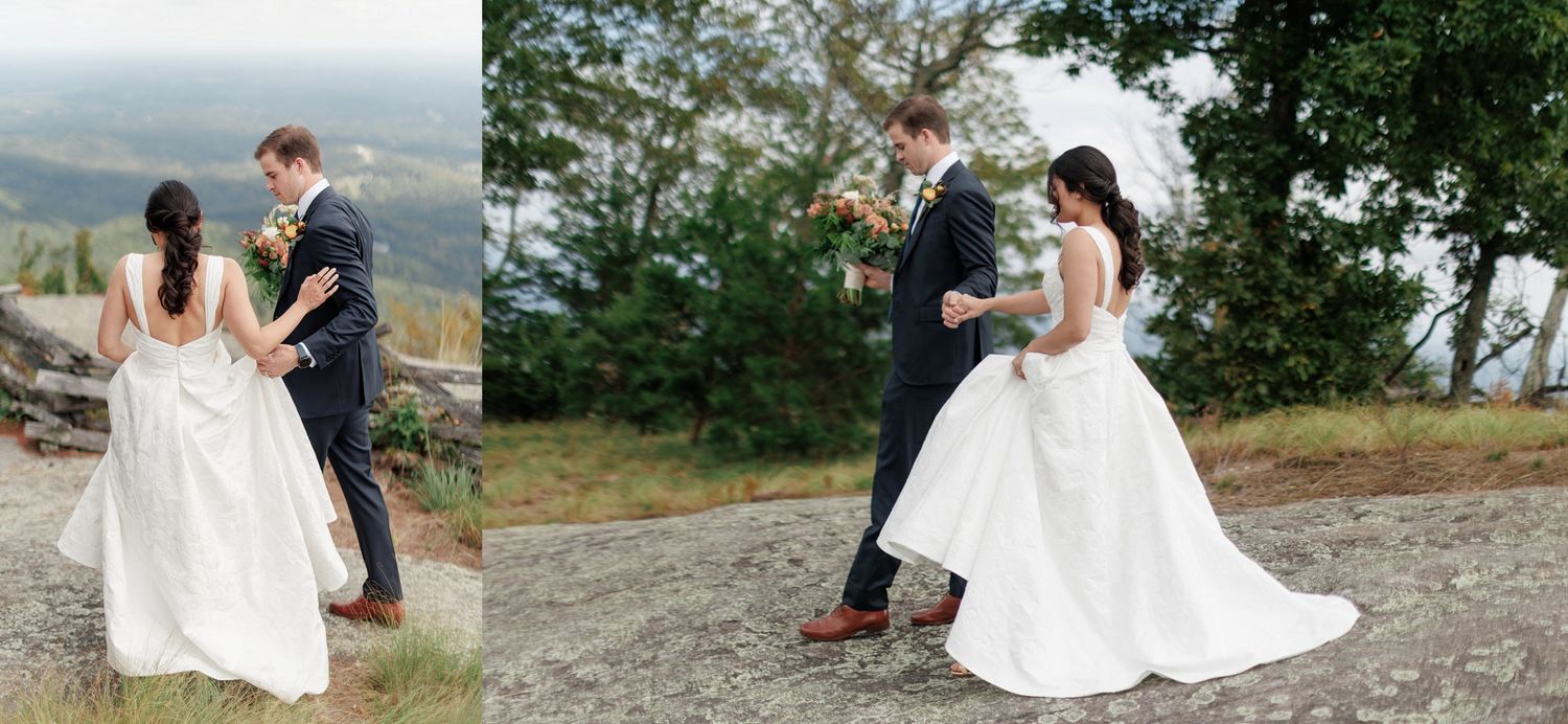 A romantic outdoor wedding photo series showing couples in white dresses and formal attire across natural settings.
