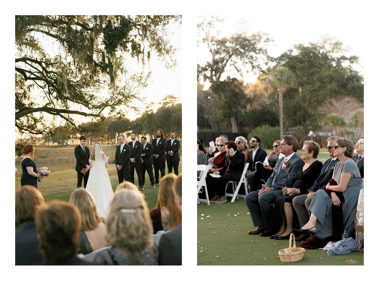 Wedding ceremony guests gathered on lawn chairs beneath sprawling oak trees.