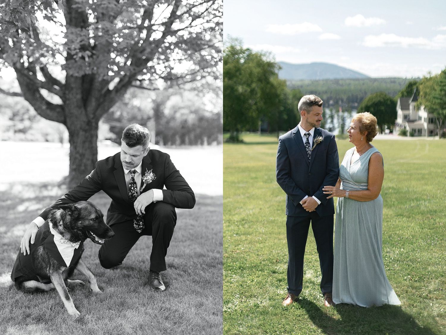 Side-by-side wedding photos showing moments with a dog in outdoor settings.