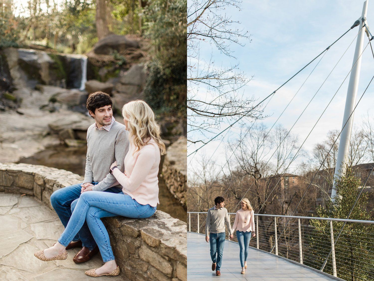 Romantic couple photos at a waterfall and walking across a modern suspension bridge.