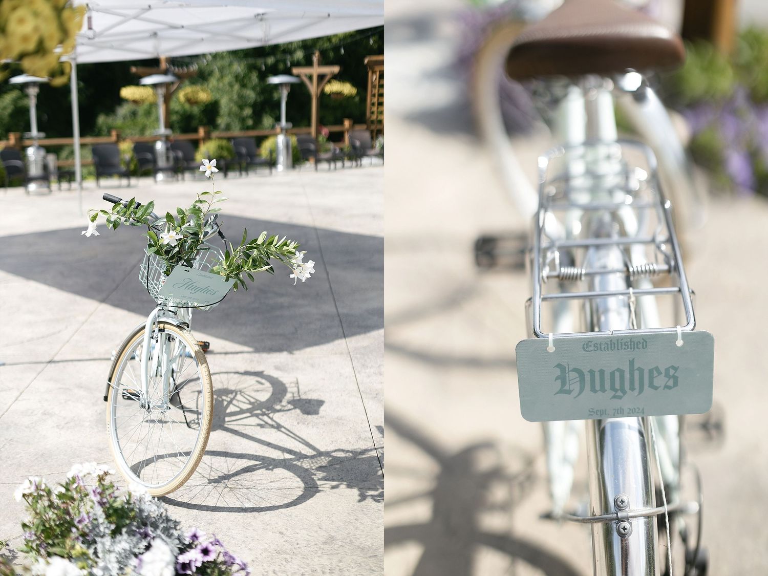 Vintage bicycle decorated with flowers and custom name tag used as wedding decor.