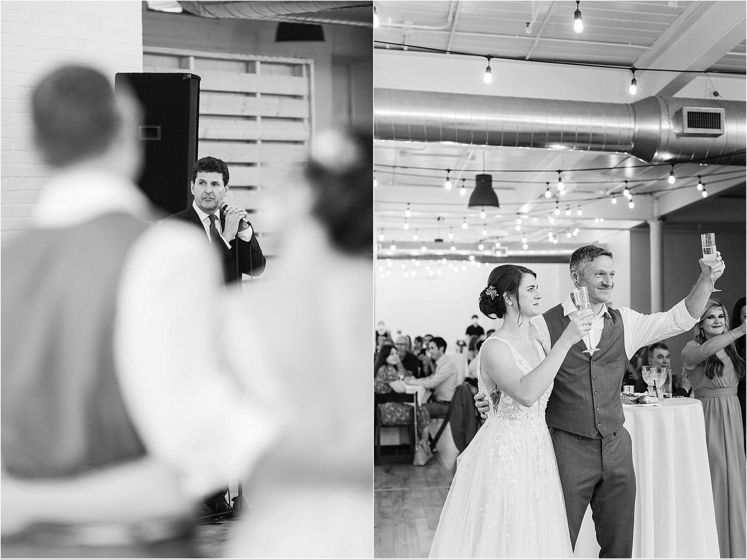 Black and white split image of wedding reception dancing moments.