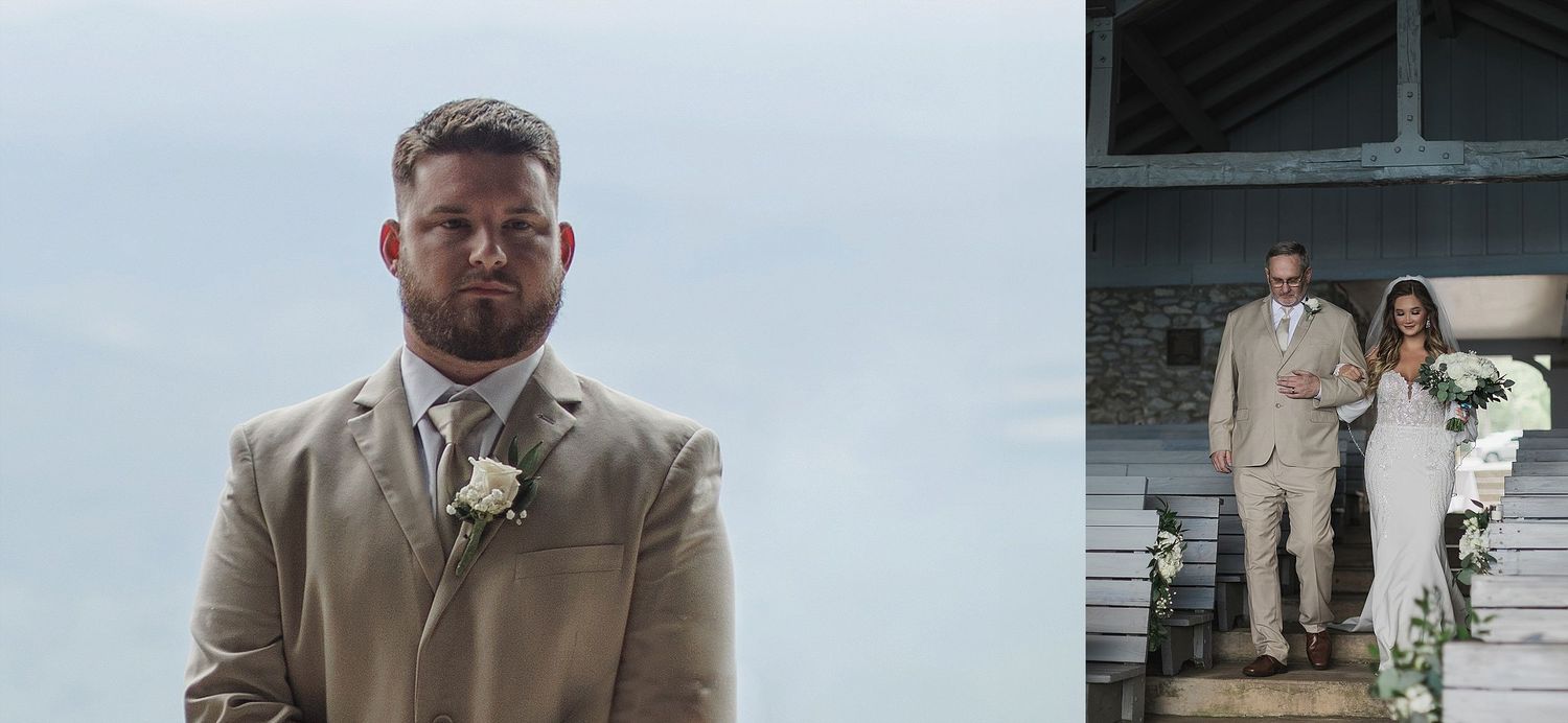 Groom in beige suit stands at outdoor ceremony venue with mountain backdrop.