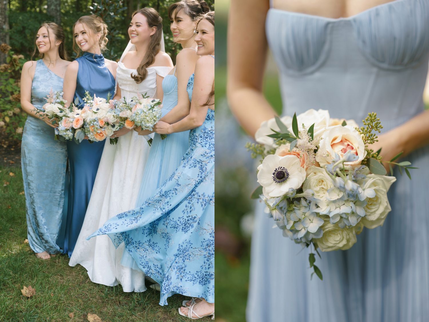 Bridesmaids in blue dresses pose with bride holding colorful floral bouquets at an outdoor wedding.