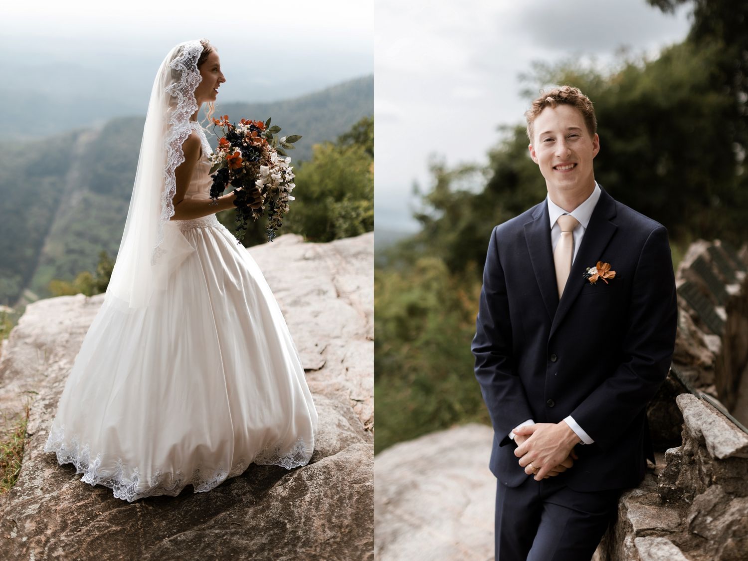 Bride in lace gown holding bouquet on rocky mountain overlook beside groom in navy suit with pink tie.