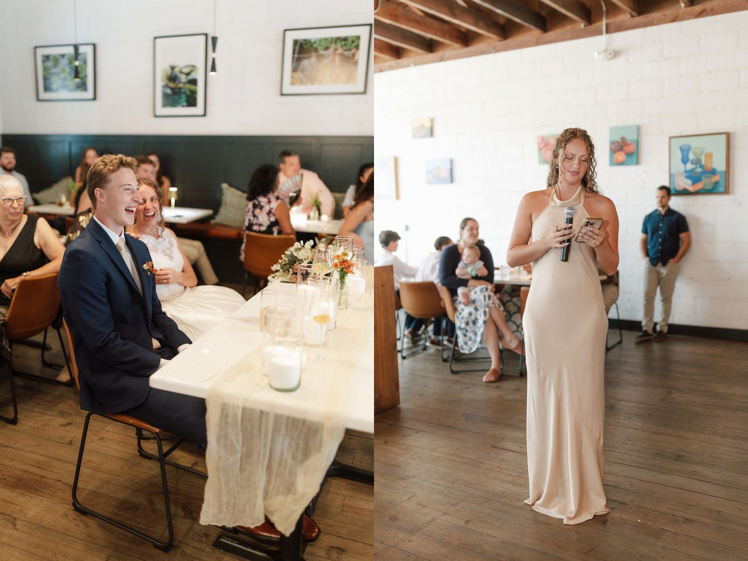 Wedding reception scene with groom seated at table while bridesmaid gives a heartfelt speech.