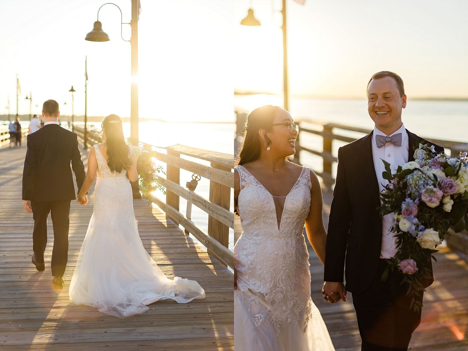 A wedding couple walks along a sunlit pier with another couple visible in the background.
