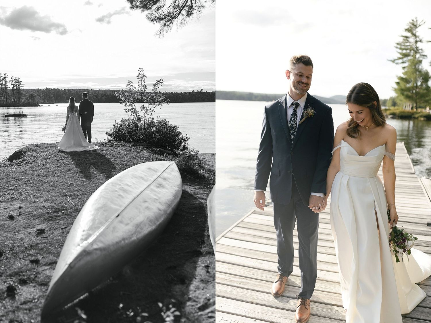 Wedding photos showing a couple on a dock and a canoe by the lake.