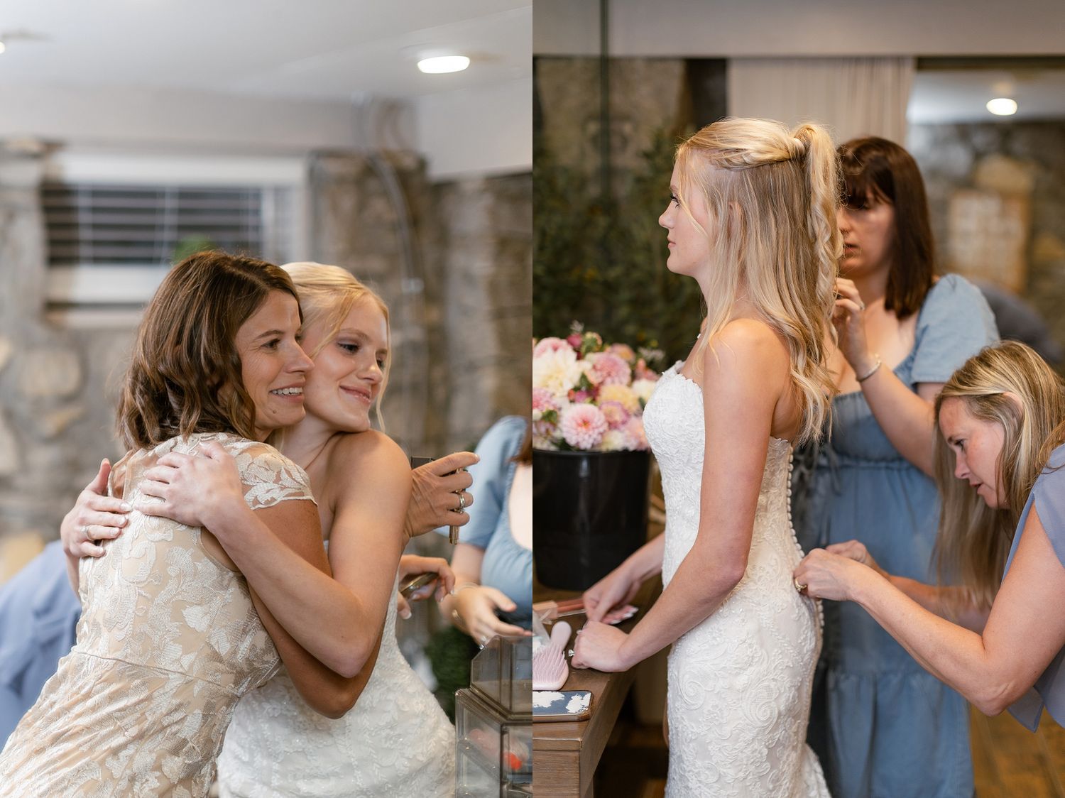 Two heartfelt wedding preparation moments showing a hug and dress adjustments with bridesmaids in blue.