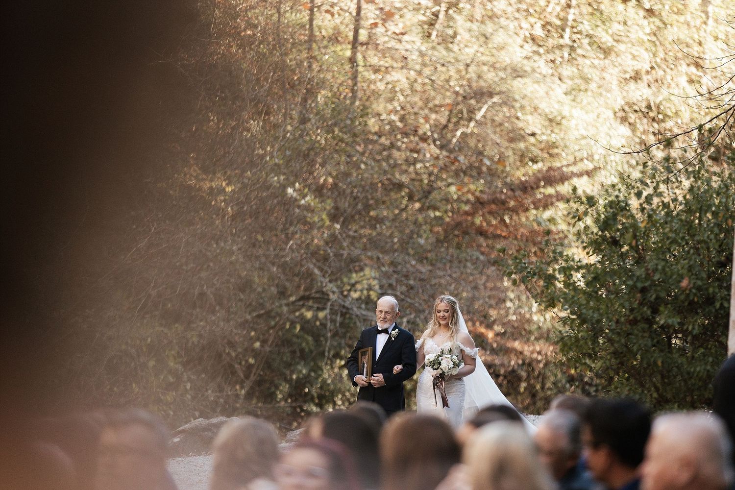 Outdoor wedding ceremony in a sunlit forest with guests watching as the couple walks down the aisle.
