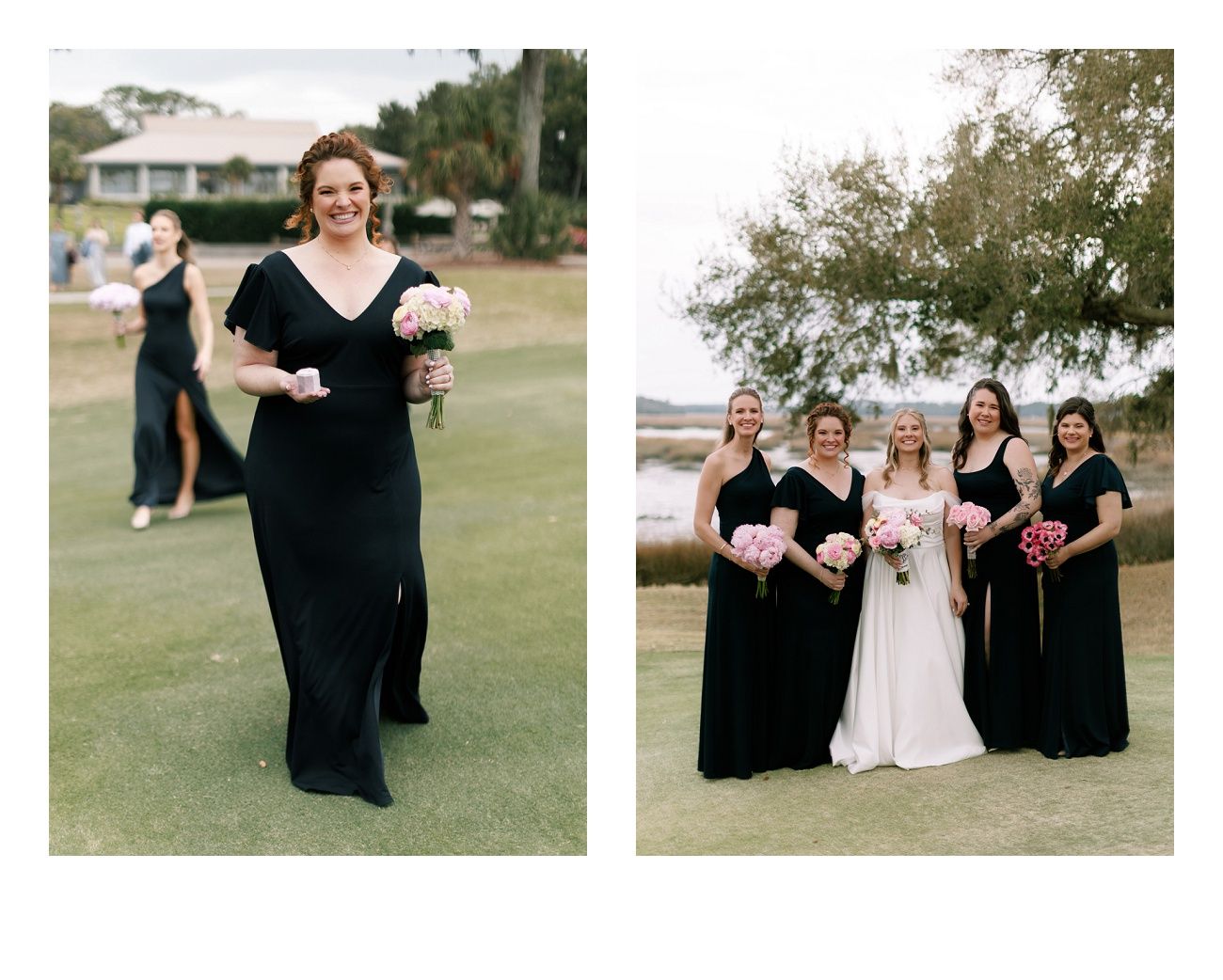 Wedding party poses playfully on a grassy lawn with bridesmaids in black dresses and a bride in white.