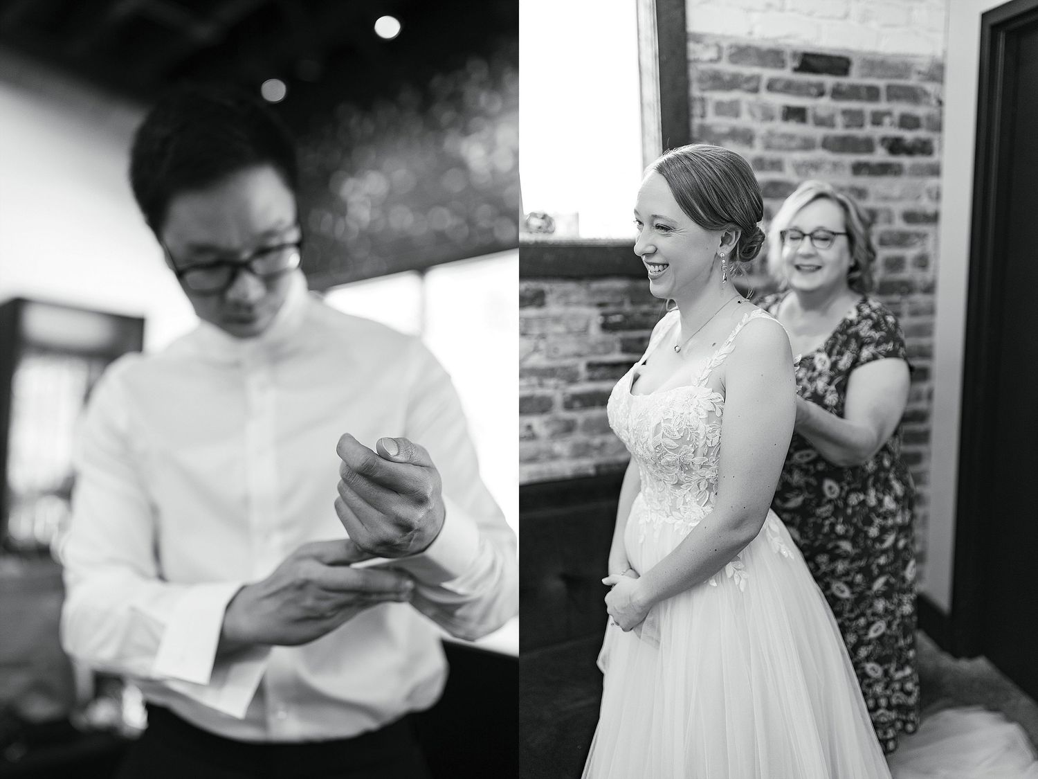 A black and white split image showing wedding preparations with the groom and bride getting ready in separate photos.