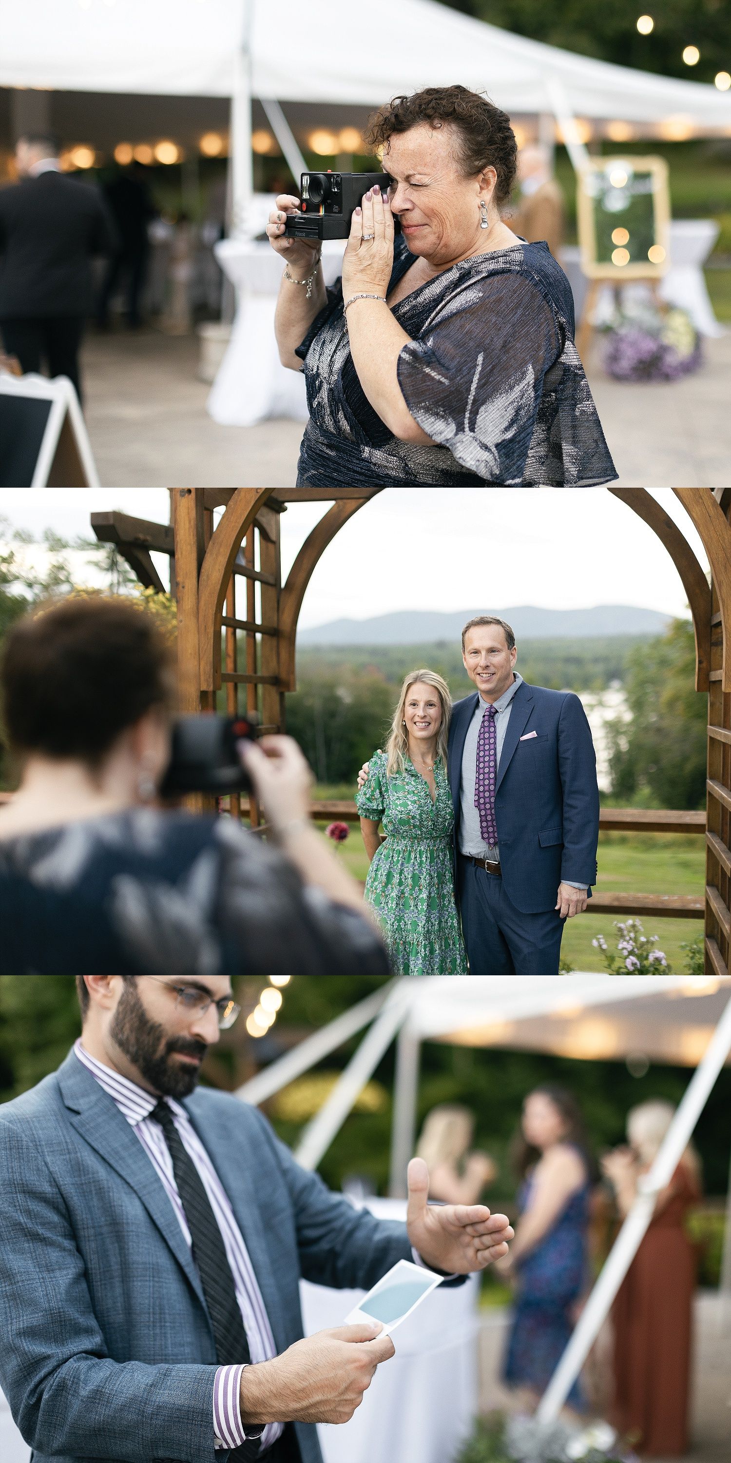 Wedding photography in action at an outdoor venue with mountain views.