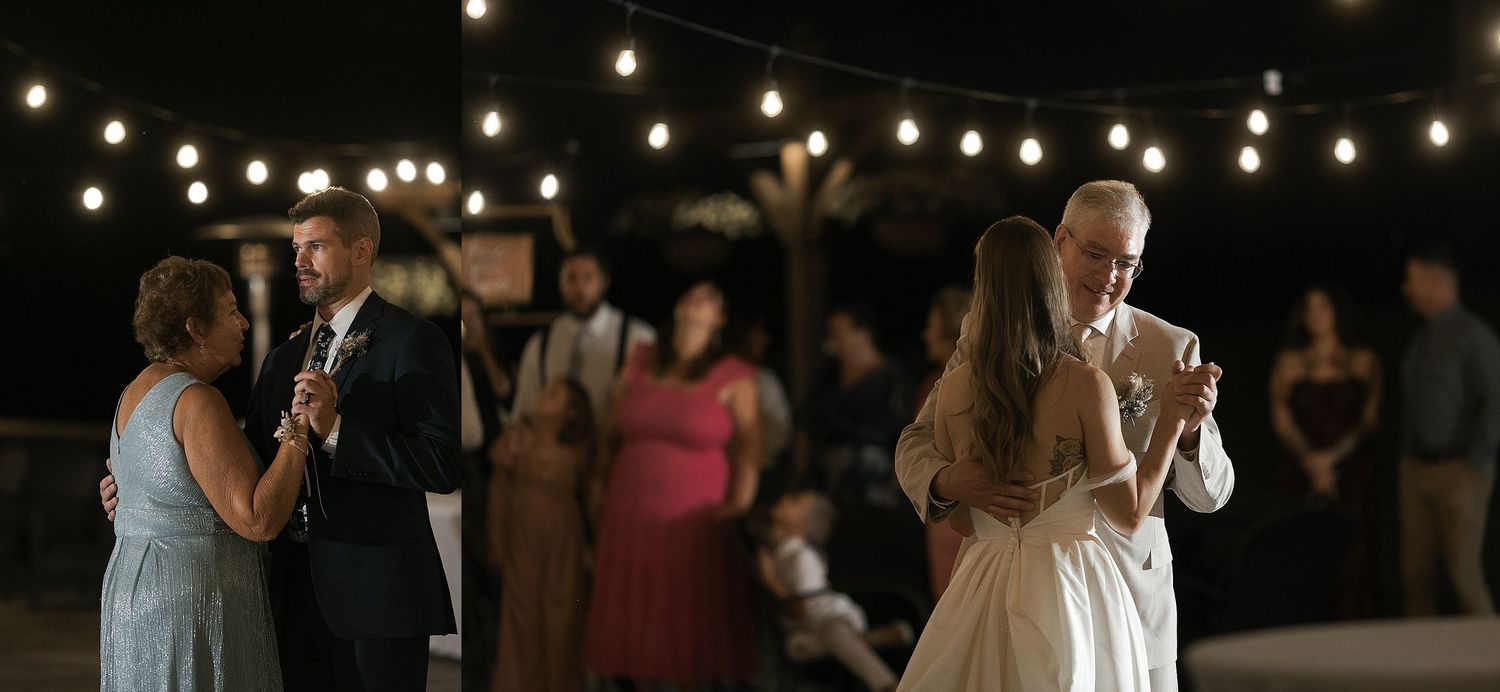 Wedding couples dancing under romantic string lights at evening reception.