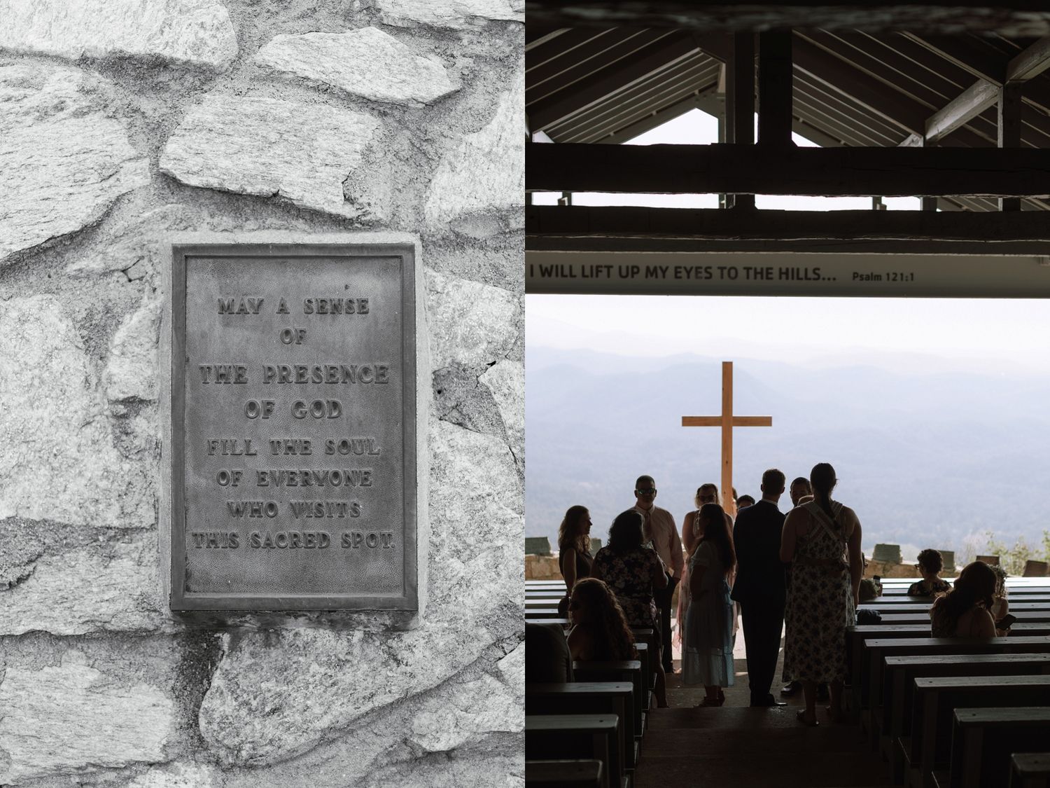 Mountain chapel wedding ceremony with cross altar and plaque reading May a sense of the presence of God.