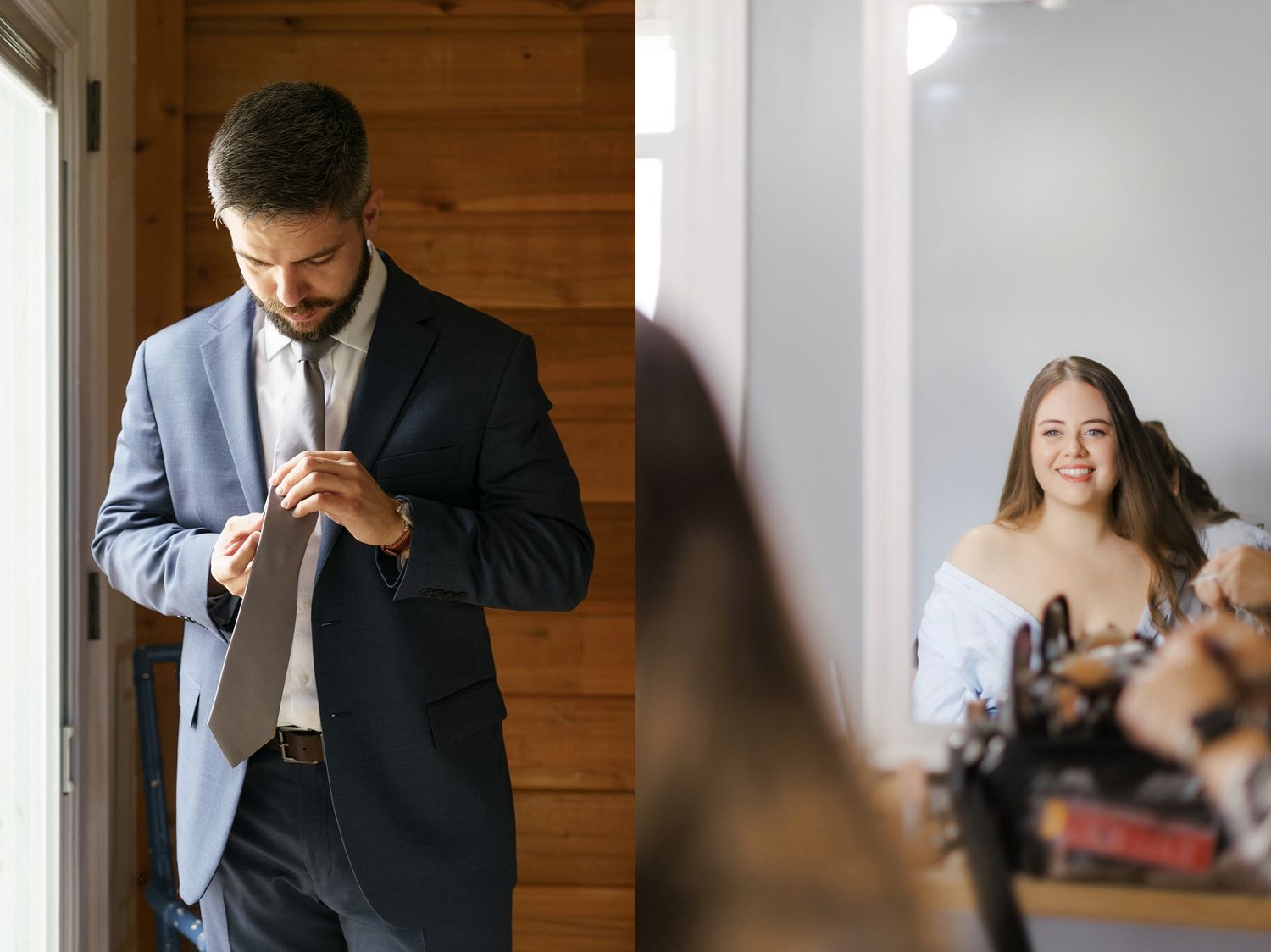 Groom adjusting his tie in a navy suit beside a smiling bridesmaid in an off-shoulder dress getting ready for a wedding.