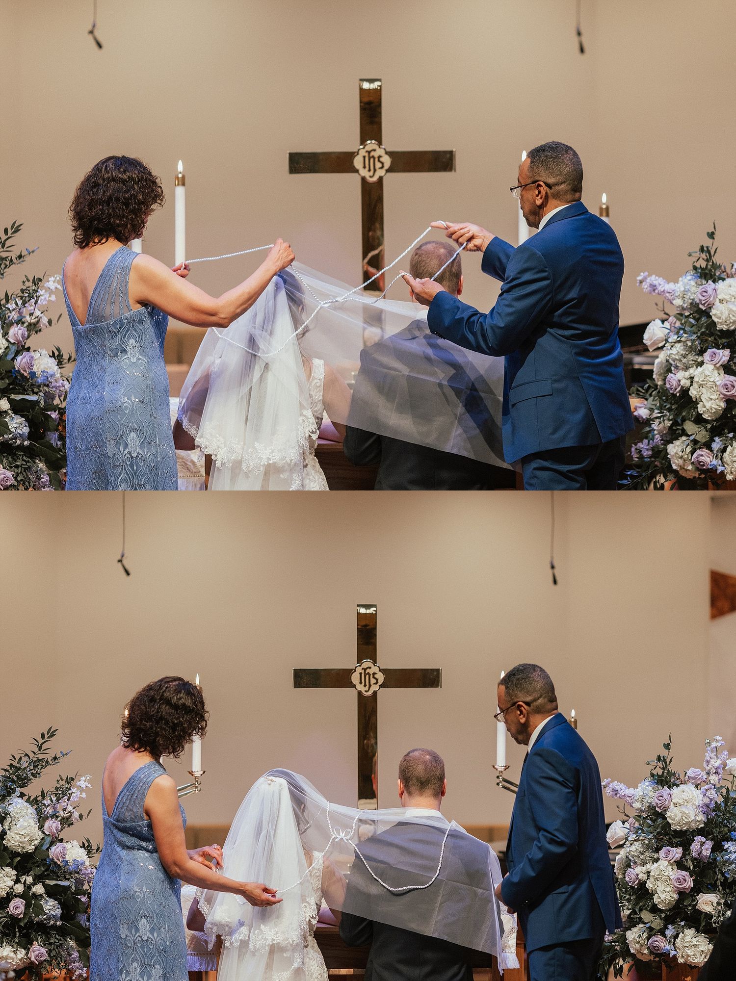 Wedding ceremony participants adjust bride's veil in front of church altar with cross and floral arrangements.
