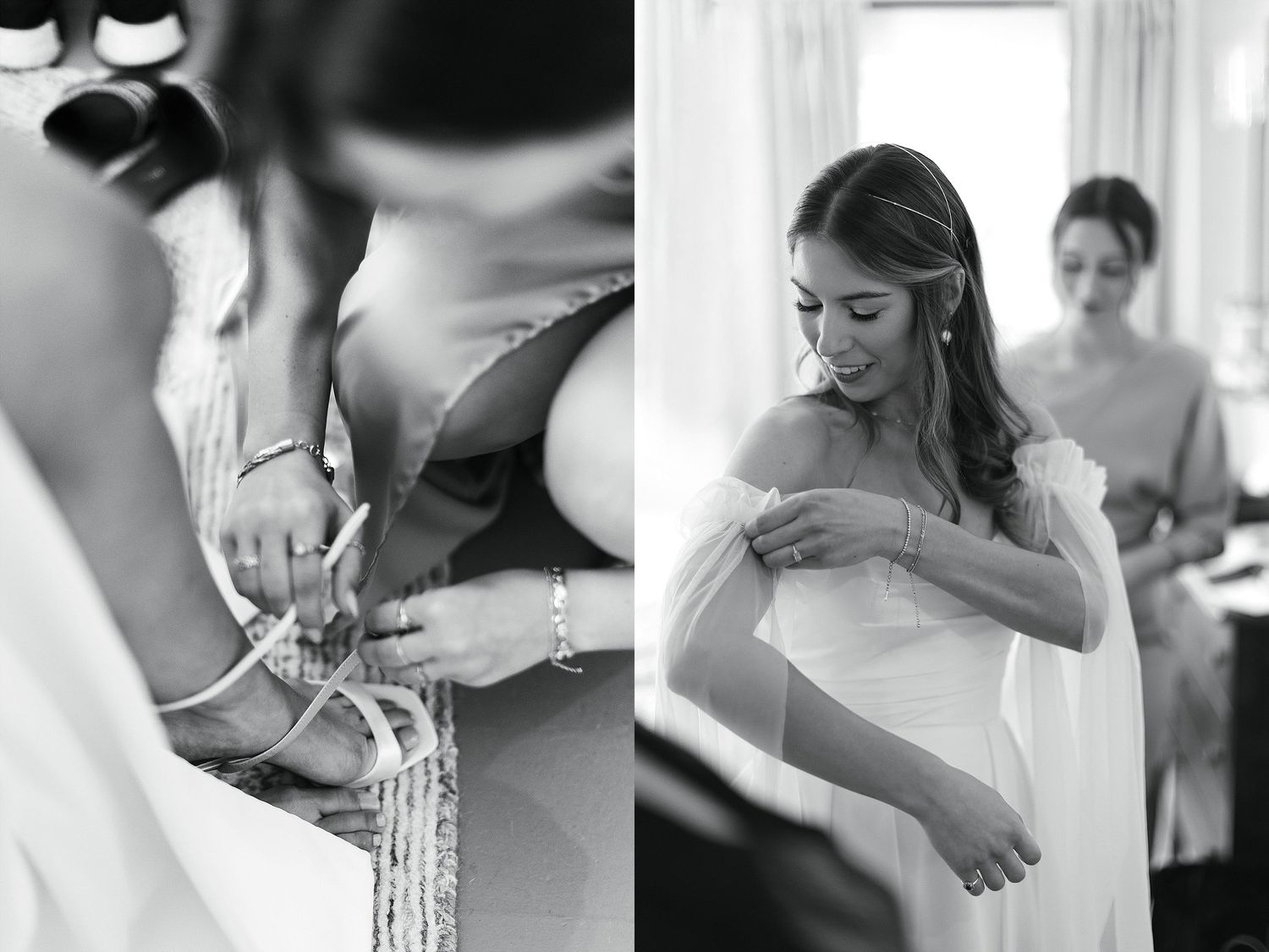 Wedding preparation collage showing dress fitting and final adjustments.