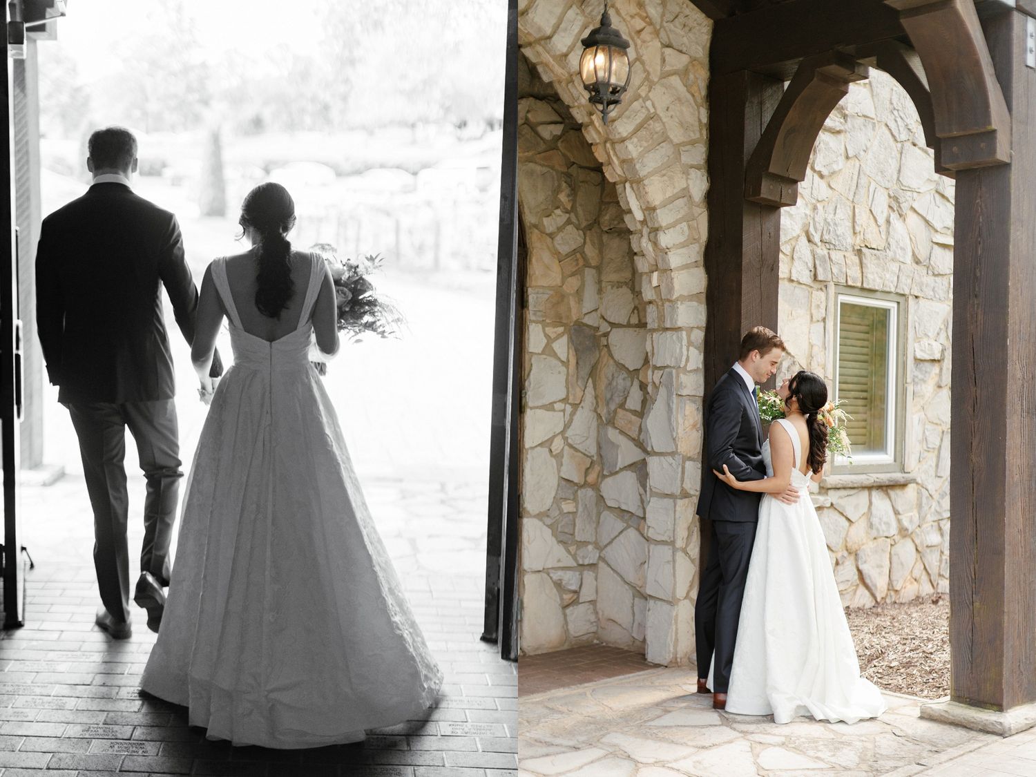 A black and white photo collage showing multiple wedding moments with couples walking together in formal attire.
