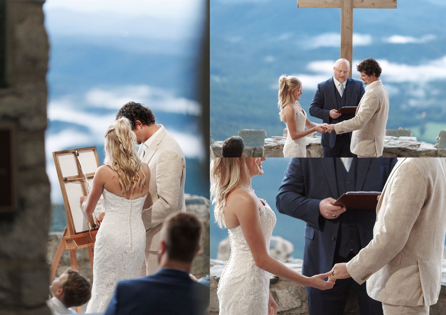 A mountain wedding ceremony takes place outdoors with a wooden cross and scenic mountain backdrop.