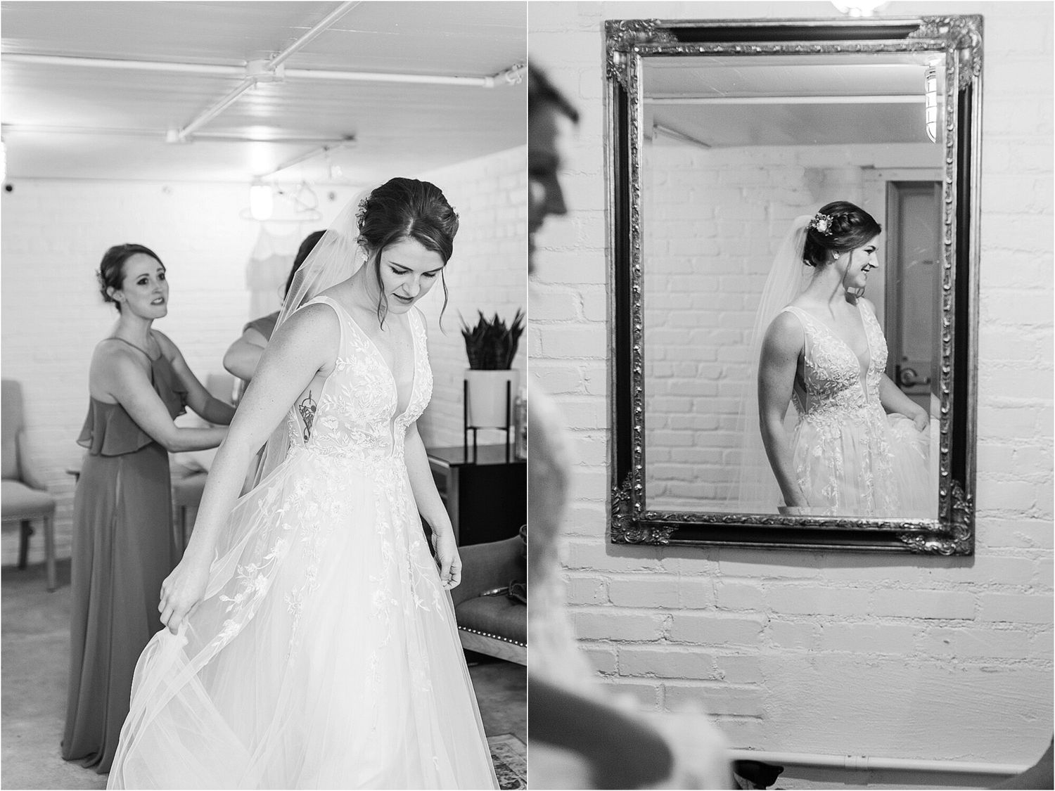 Black and white wedding preparation photos in a bright white room.