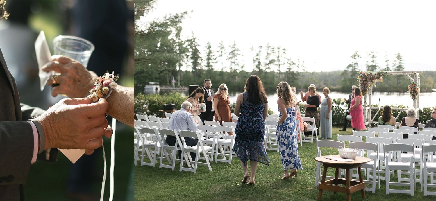 Wedding guests mingle at an outdoor reception with white chairs and cocktails at sunset.