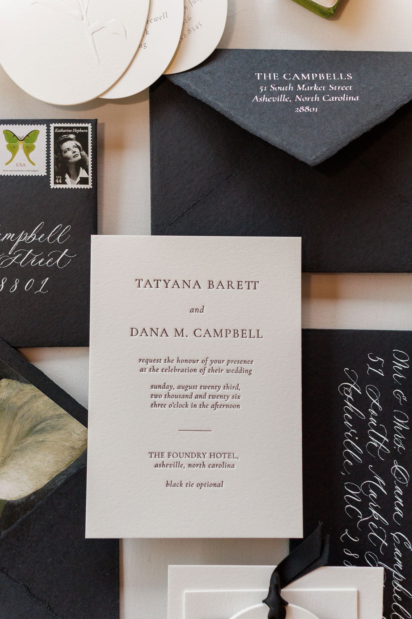 Elegant black and white wedding invitation suite for Tatyana Barett and Dana M. Campbell at The Foundry Hotel, Asheville.