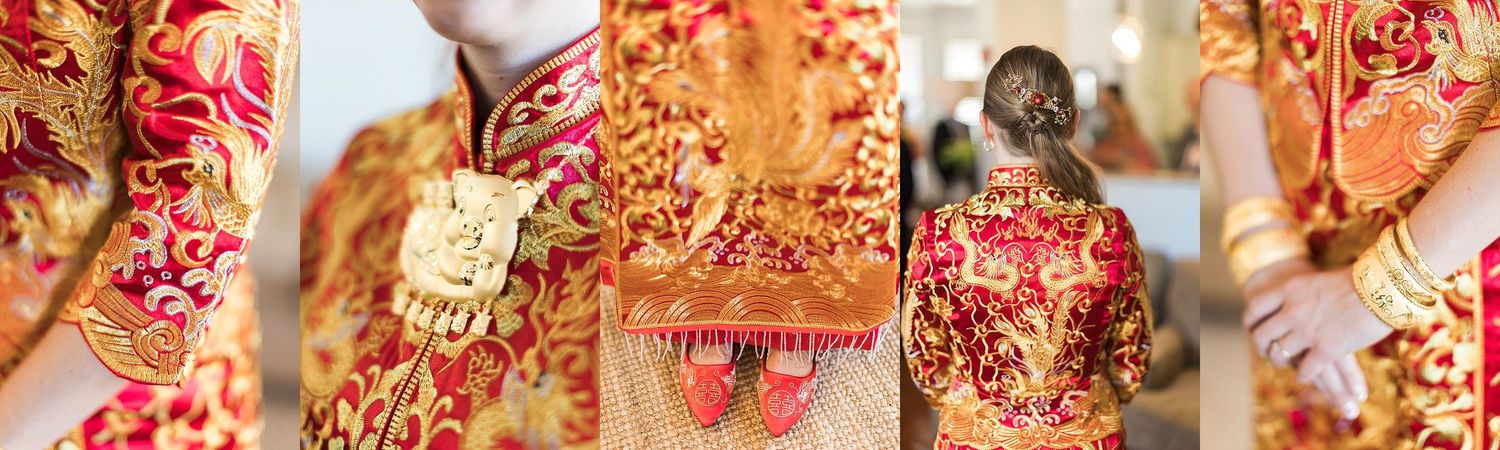 Close-up details of a traditional red and gold Chinese wedding dress with intricate floral embroidery patterns.