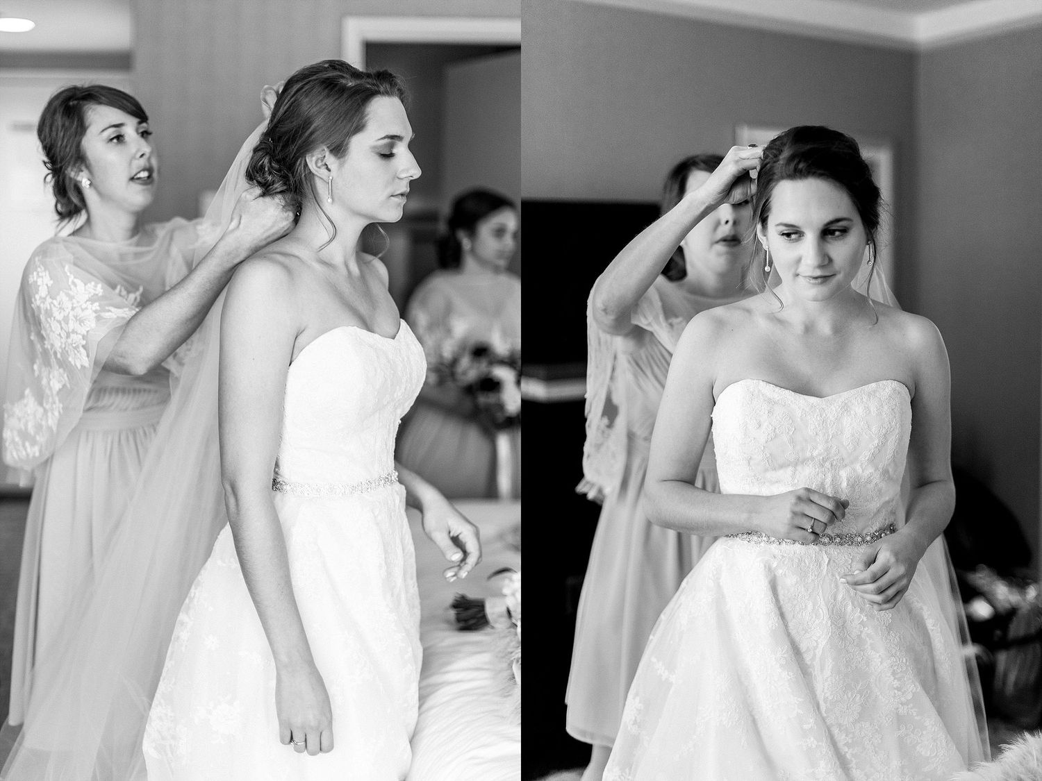 Black and white photos of wedding preparation moments in an elegant room.