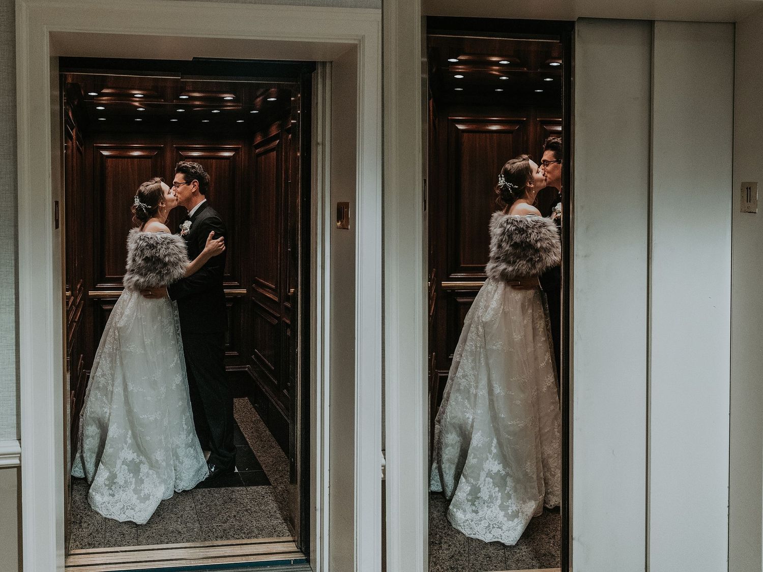 A romantic moment captured in elevator mirrors at a wedding venue.
