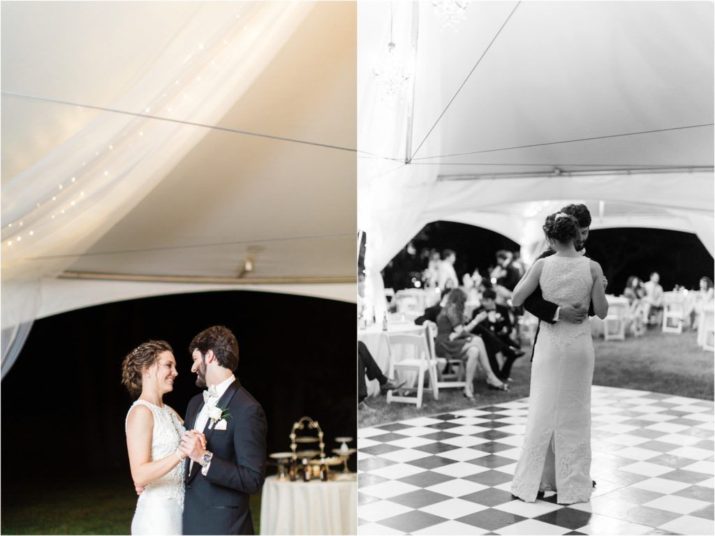 Split view of intimate wedding moments under elegant white tent with checkered dance floor.