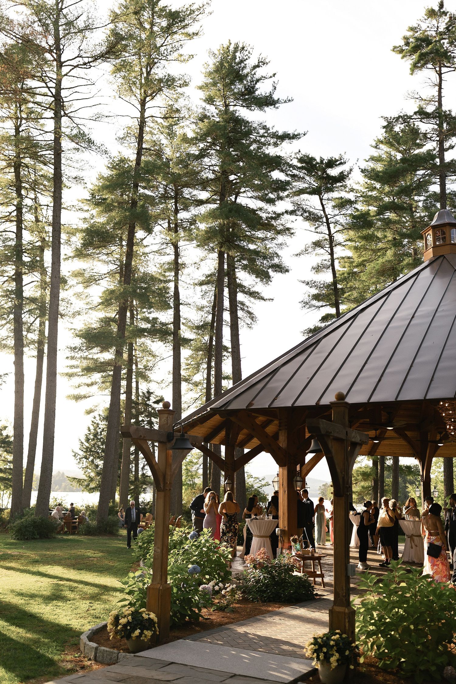 A rustic wedding pavilion surrounded by tall pine trees during golden hour.