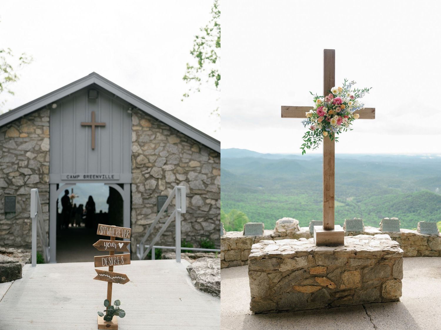 Stone chapel entrance and wooden cross on mountain overlook with scenic views of rolling green hills in distance.