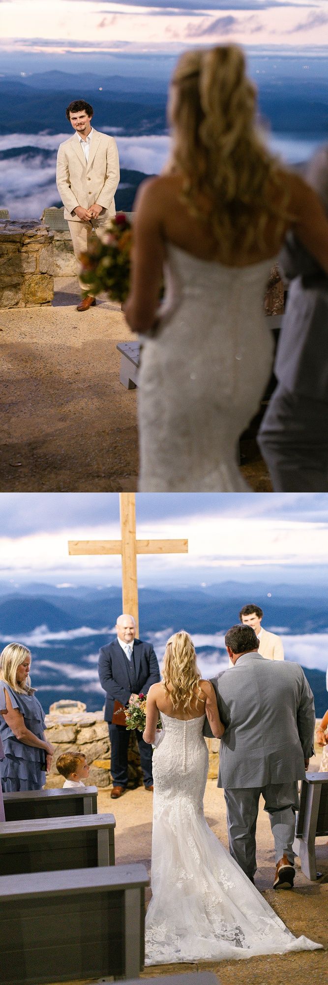 A scenic mountain wedding ceremony unfolds as couple and guests gather around a wooden cross overlooking dramatic cloud vistas.