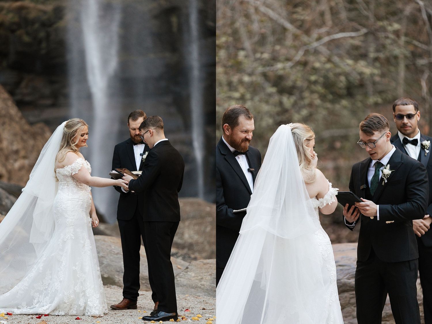 A wedding ceremony takes place in front of a majestic waterfall with the wedding party gathered on natural stone.