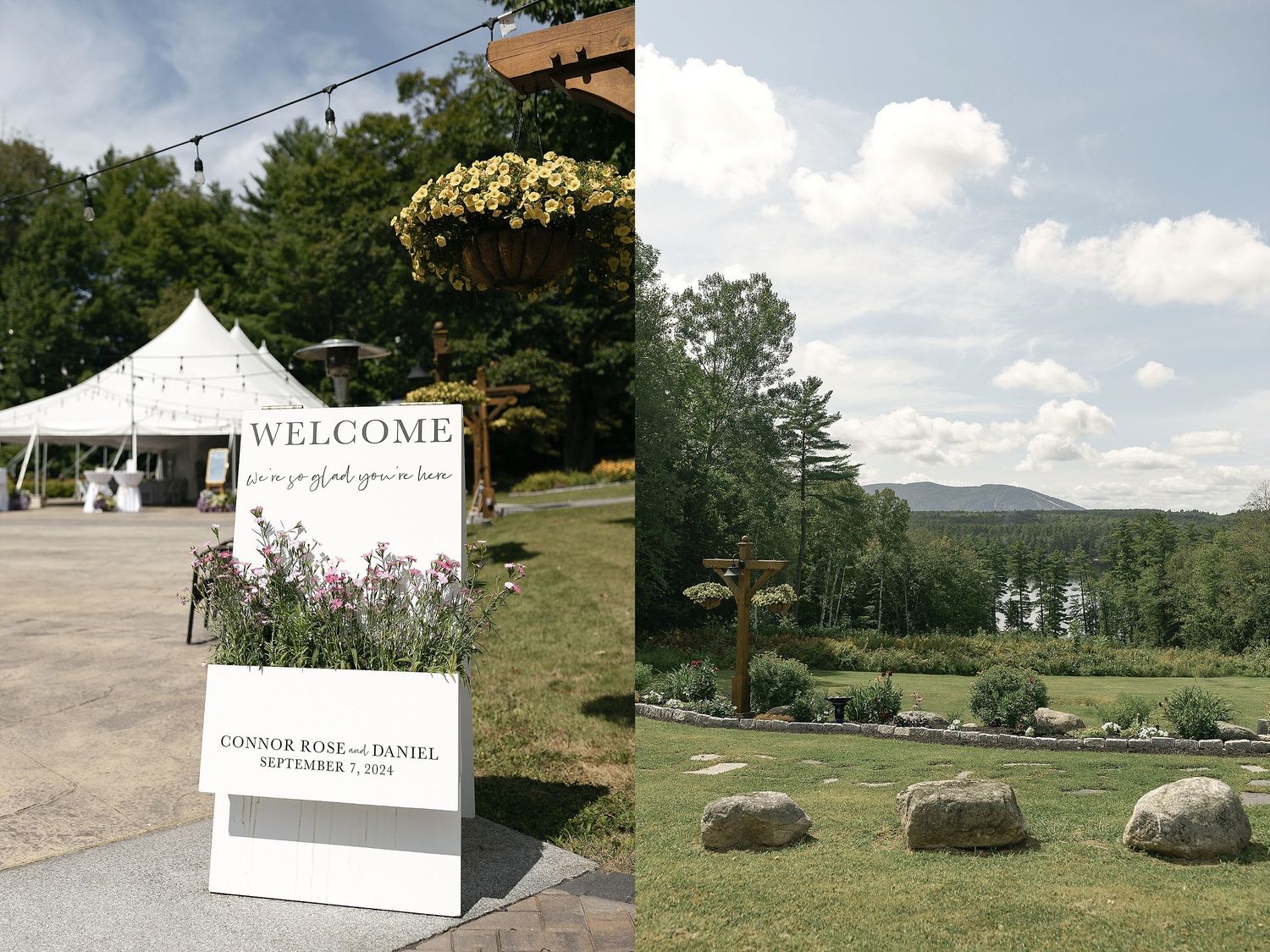 Welcome sign and scenic mountain view at outdoor wedding venue.