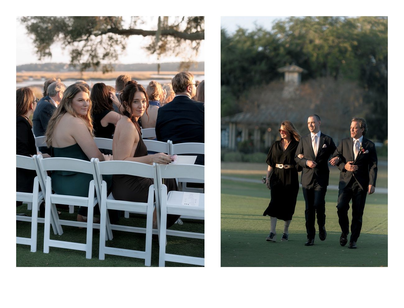 Wedding guests and party members gather near white ceremony chairs on a lawn at sunset.