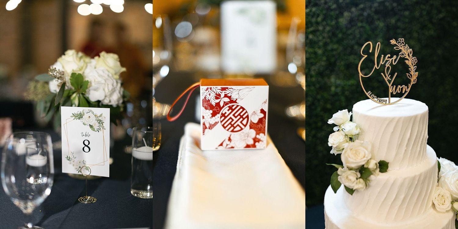 Wedding reception details including a table number card, red and white card design, and white tiered cake with floral accents.