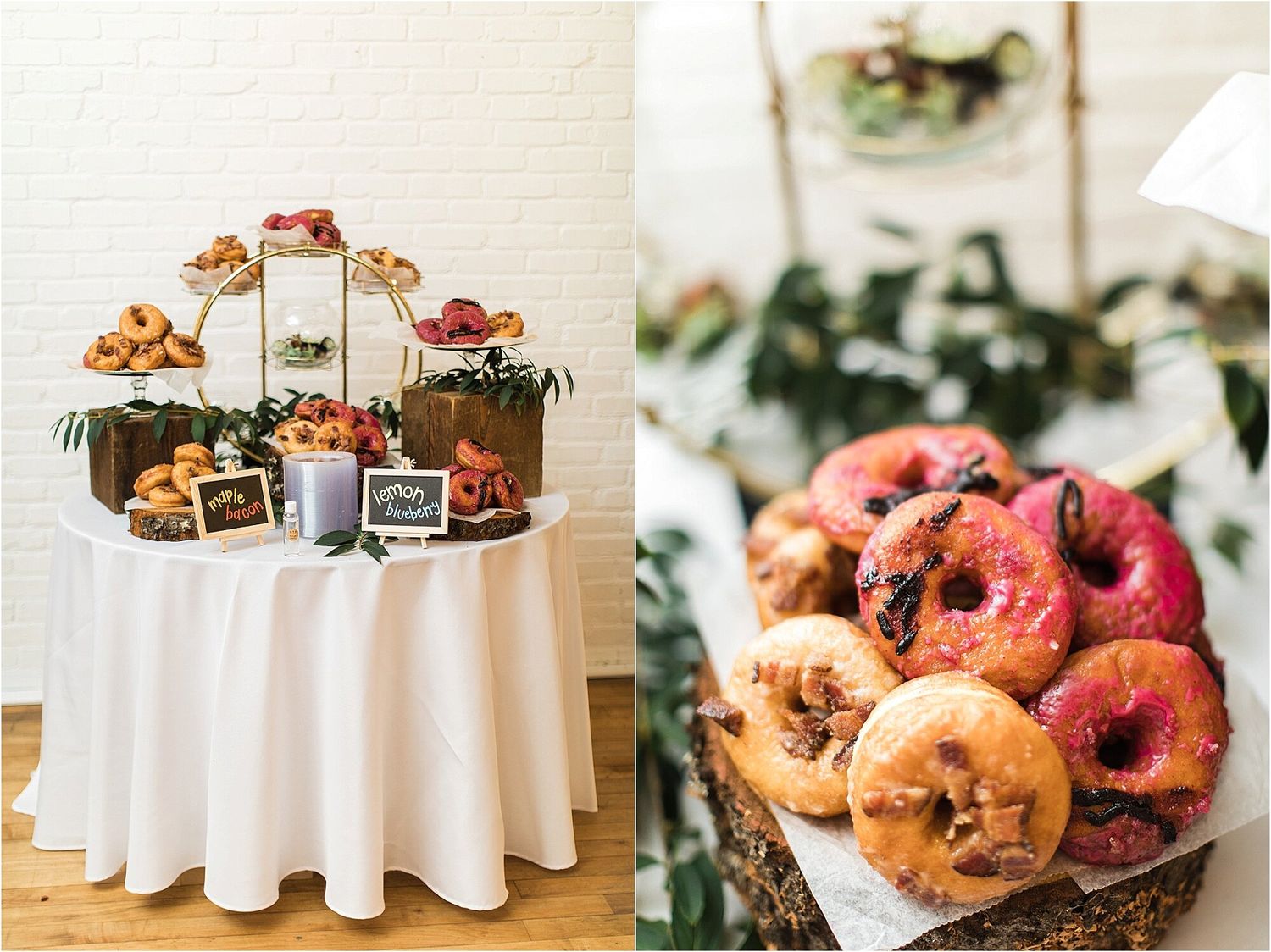 A wedding dessert table with donuts and treats displayed on a white tablecloth.
