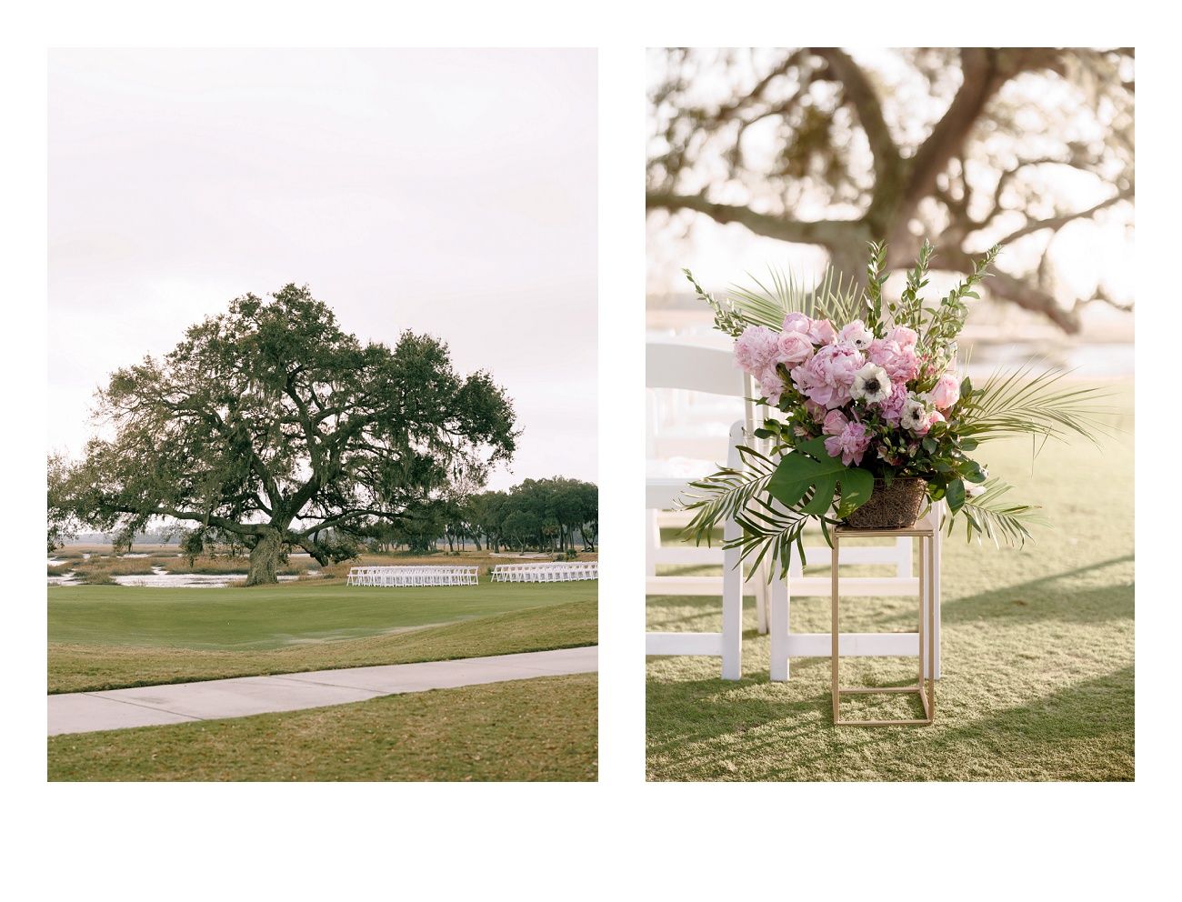 A lush garden wedding venue with floral arrangements and white decor elements set against a green landscape.