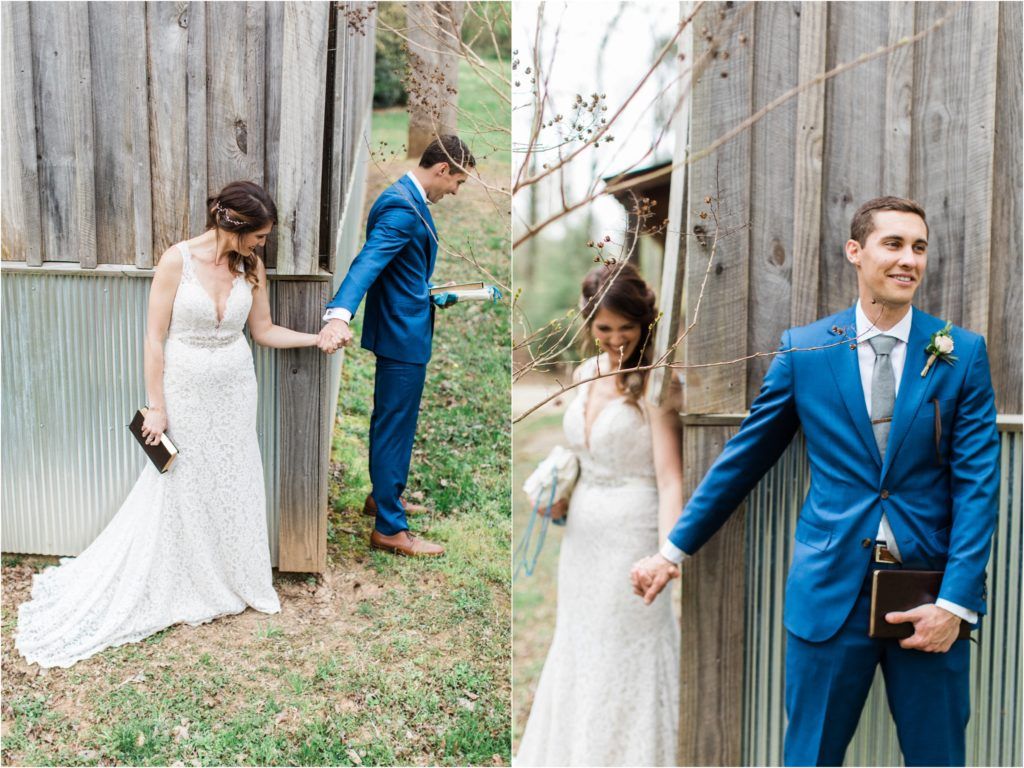 Wedding couple playing peek-a-boo around corners of a rustic barn wall.