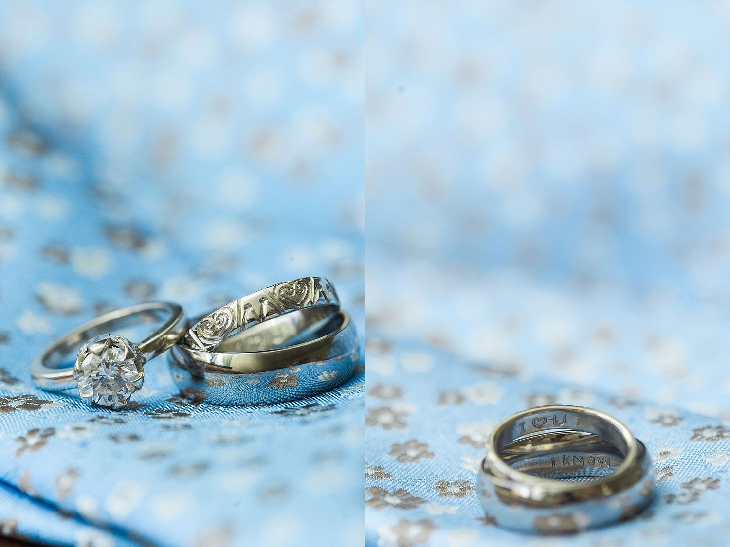 Wedding rings photographed with intricate detail on blue textured background.