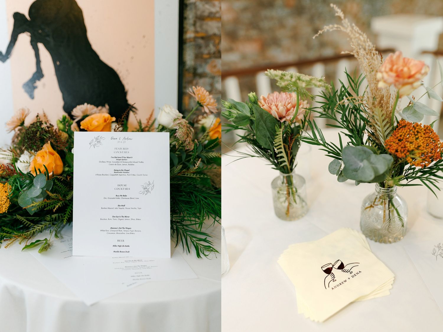 Wedding reception table decorated with elegant floral arrangements and menu cards among natural greenery and candlelight.