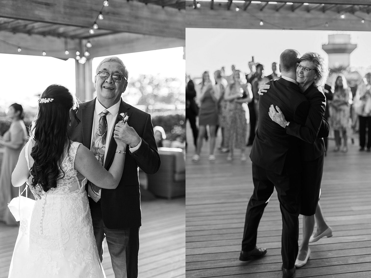 Black and white photos of wedding dance moments at an outdoor reception.