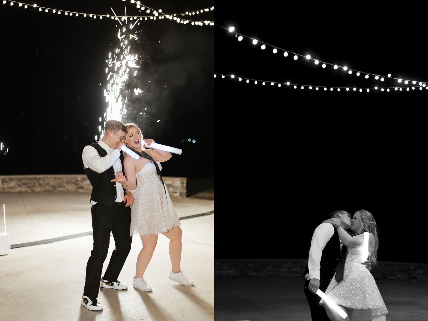 A couple shares a romantic dance moment under twinkling lights at an outdoor evening wedding reception.