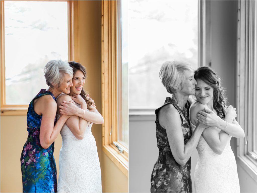 Tender emotional moment captured by window in color and black and white split image.