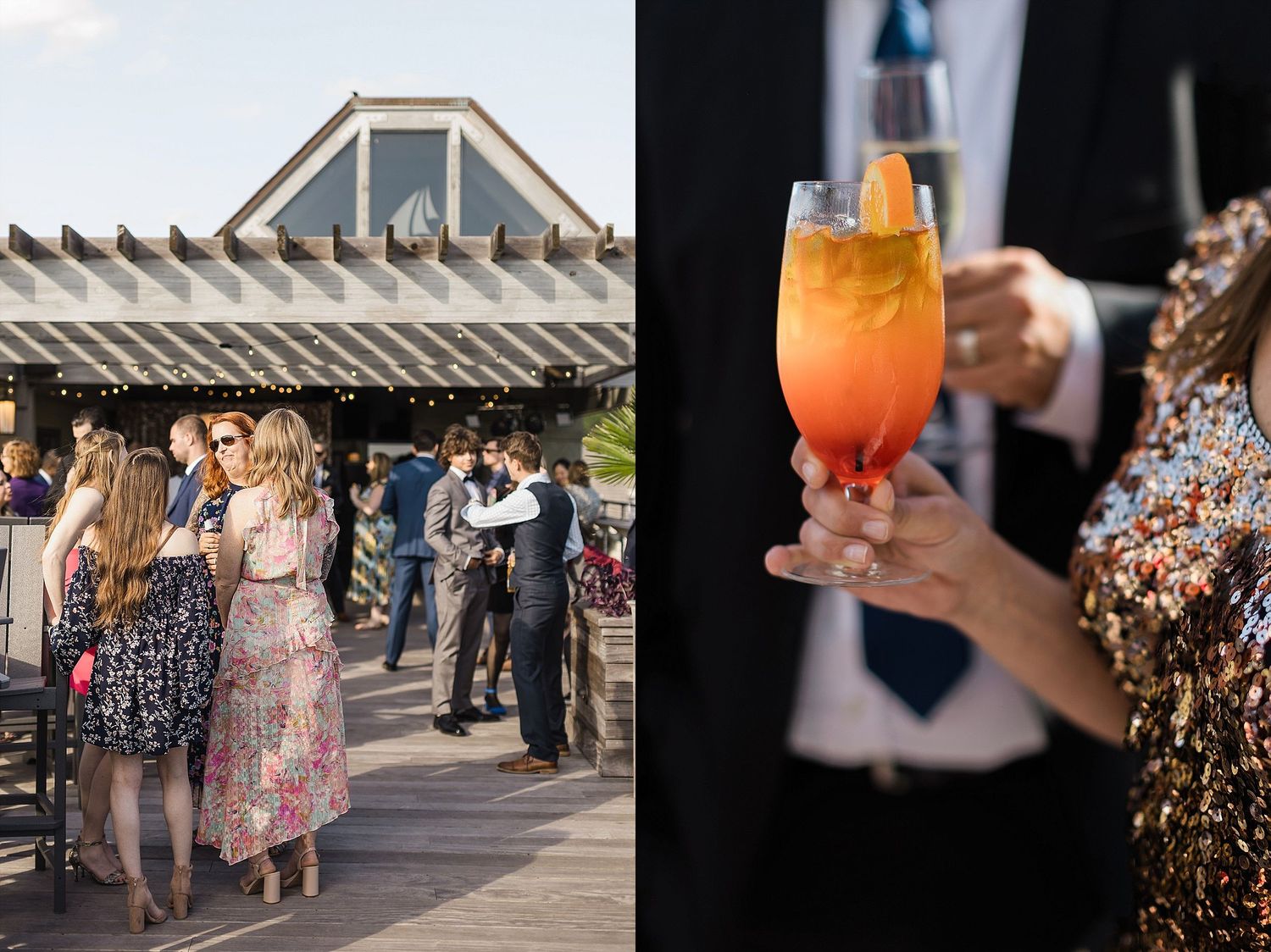 Split image of outdoor wedding reception and orange cocktail being served.
